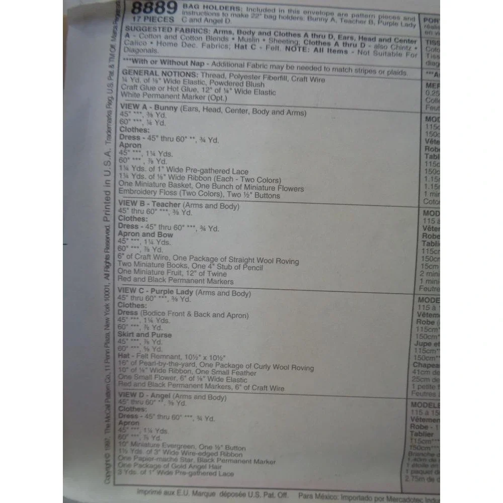 McCall's Sewing Pattern 8889 Character Bag Holders